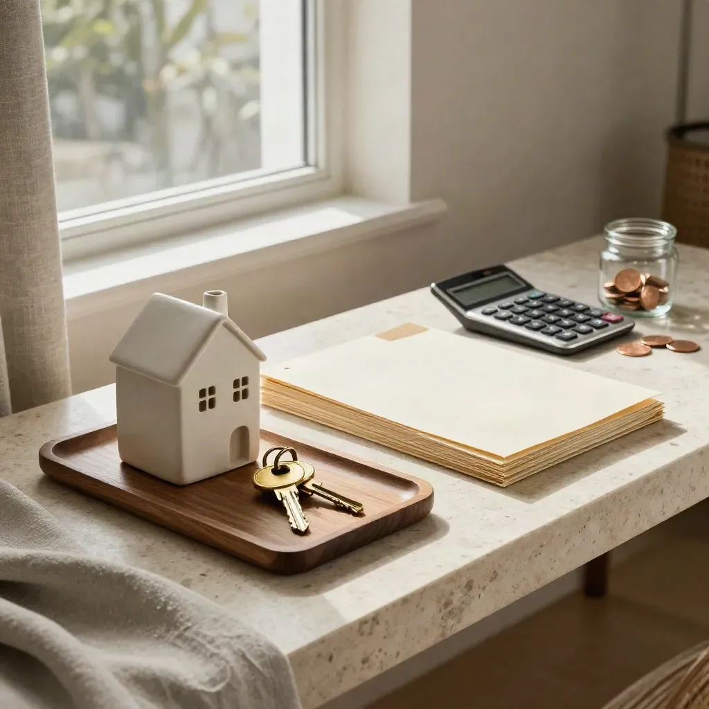 Casa in miniatura, chiavi e cartelle su console di travertino, luce calda da finestra.