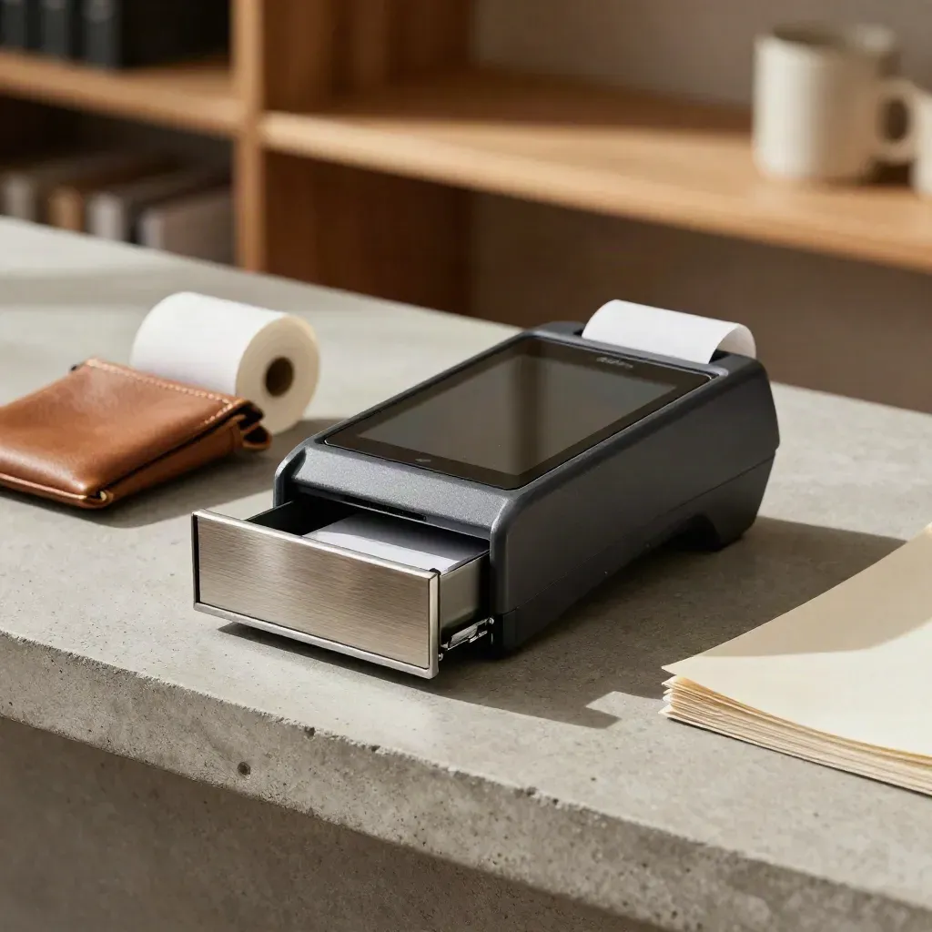 Terminale contactless, cassetto cassa e ricevuta su banco in cemento, luce naturale calda.