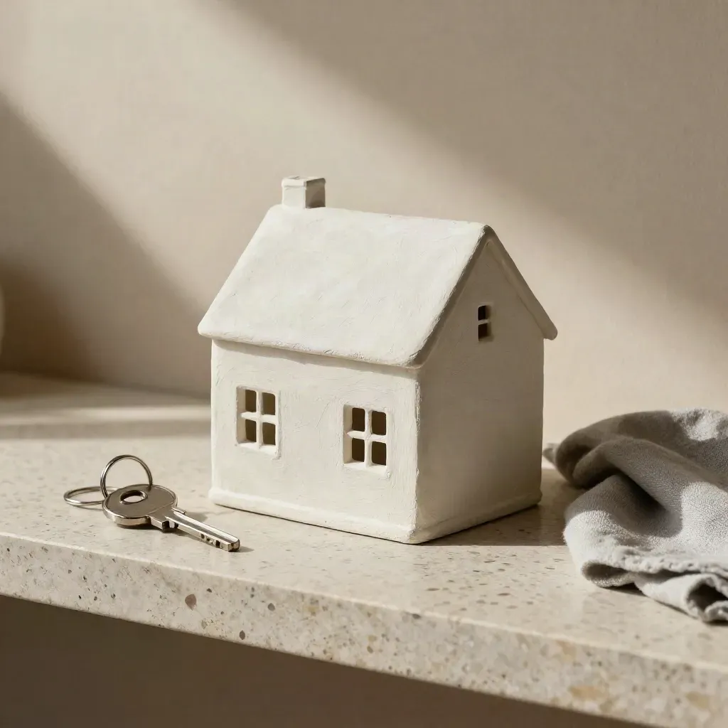 Casa in miniatura con chiave metallica e panno chiaro su ripiano in travertino.